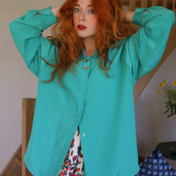 Teal Green Lace Collar Vintage Blouse | XL