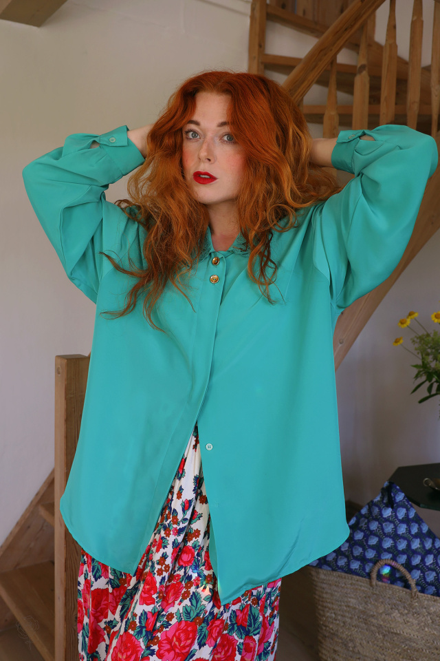 Teal Green Lace Collar Vintage Blouse | XL