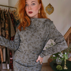 Floral Blue Thick Brocade Vintage Dress | S