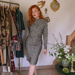 Floral Blue Thick Brocade Vintage Dress | S