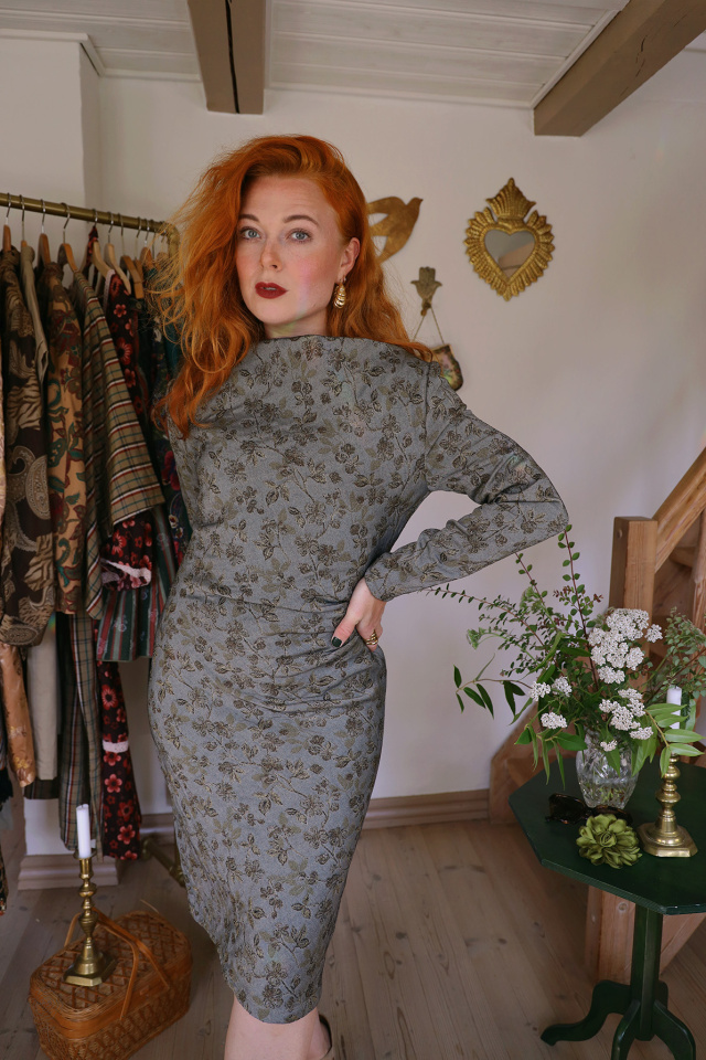 Floral Blue Thick Brocade Vintage Dress | S