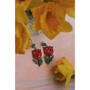 Red Tulip Beaded Earrings