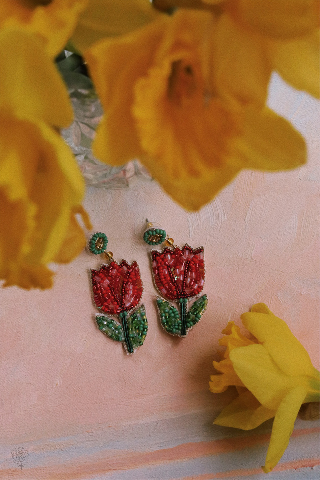 Red Tulip Beaded Earrings