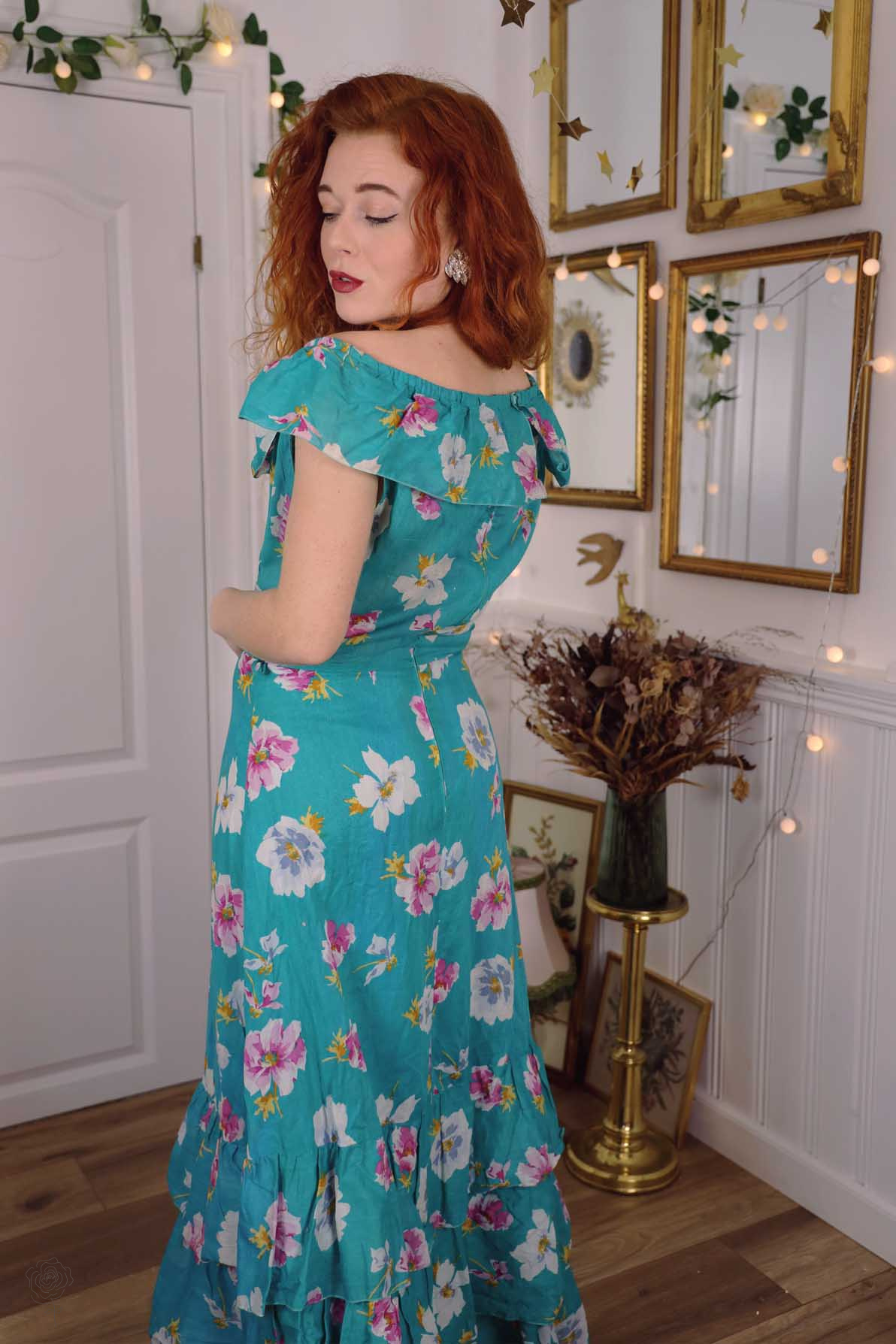 ワンピース jumelle vintage flower dress size:S 70s Black, White, Brown, Checkerboard, Floral Maxi Dress