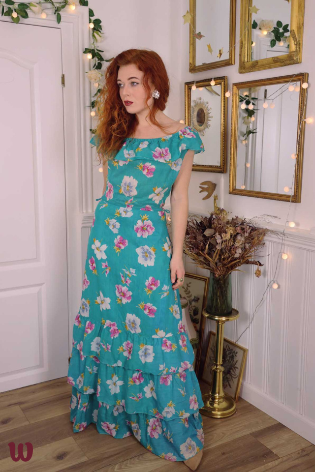 Turquoise Floral Vintage Maxi Dress | Tall S