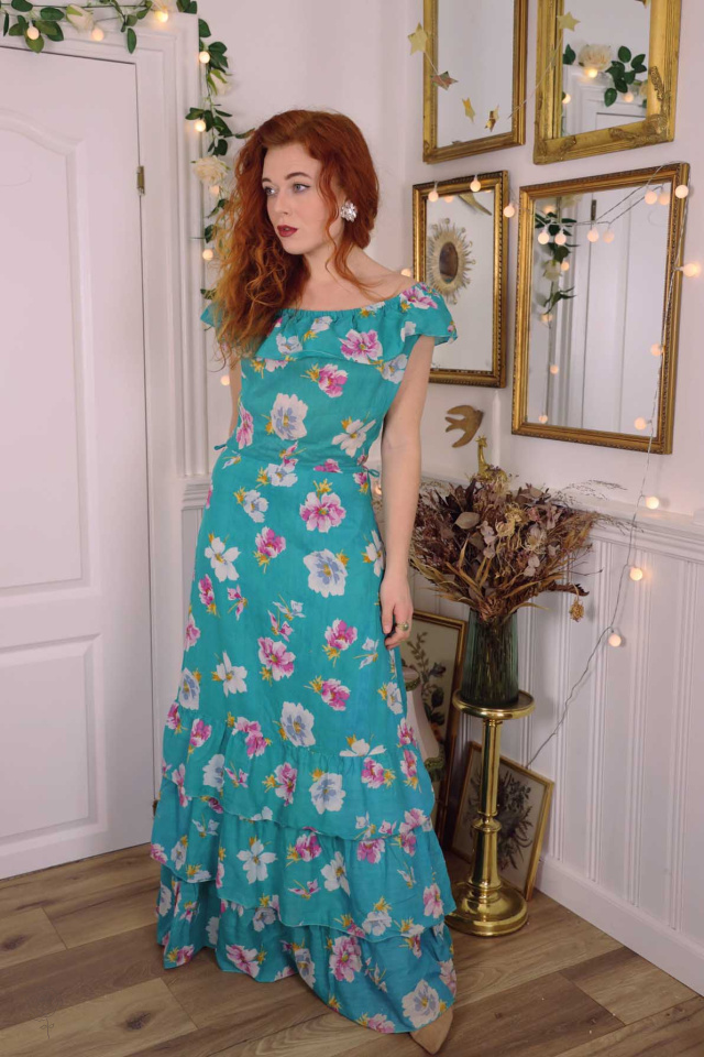 Turquoise Floral Vintage Maxi Dress | Tall S