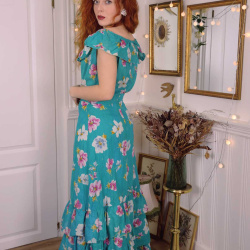 Turquoise Floral Vintage Maxi Dress | Tall S - Rose Size | S