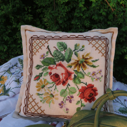 Vintage Needlepoint Floral Pillow