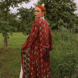 Warm Red Golden Recycled Kimono | M/L