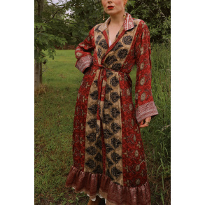 Warm Red Golden Recycled Kimono | M/L