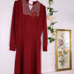 Warm Red Vintage Flower Dress | XS