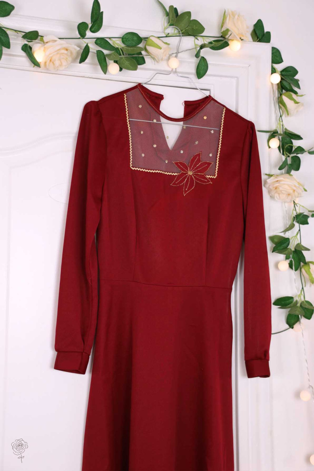 Warm Red Vintage Flower Dress | XS