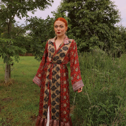 Warm Red Golden Recycled Kimono | M/L