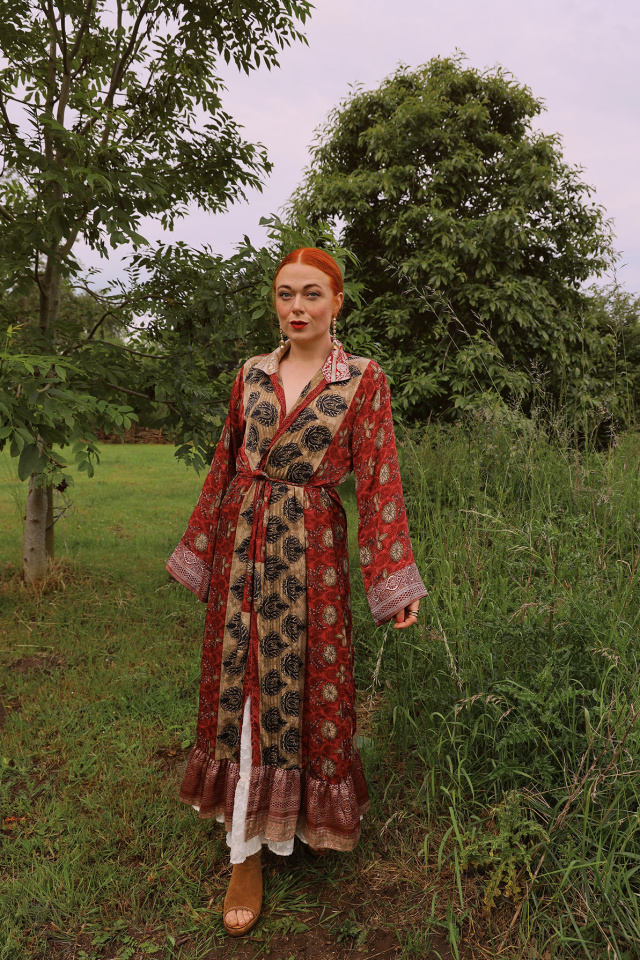 Warm Red Golden Recycled Kimono | M/L