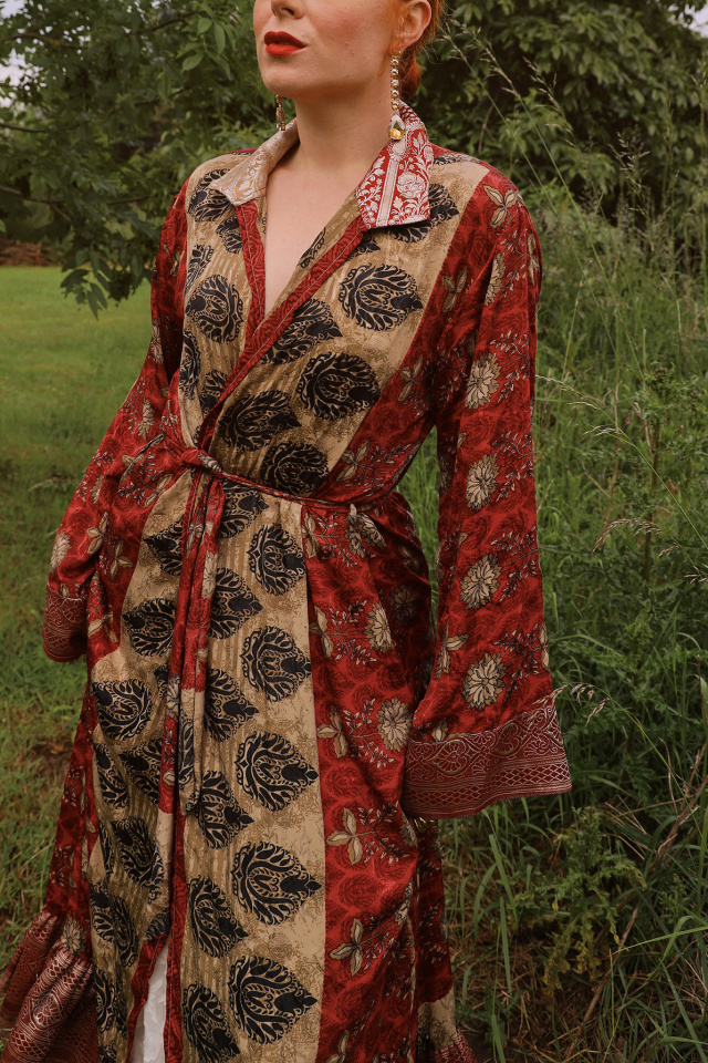 Warm Red Golden Recycled Kimono | M/L