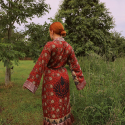 Warm Red Golden Recycled Kimono | M/L