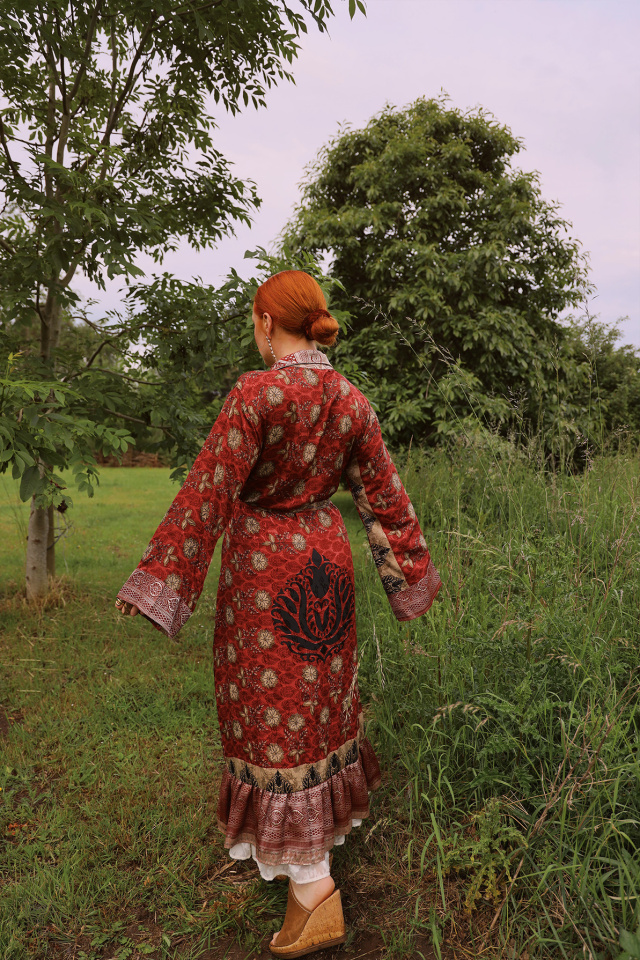 Warm Red Golden Recycled Kimono | M/L