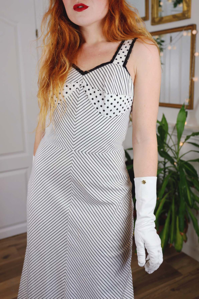 White Black Dot &amp; Striped 70's Maxi Dress | S