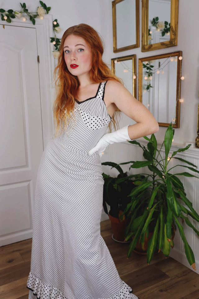 White Black Dot &amp; Striped 70's Maxi Dress | S