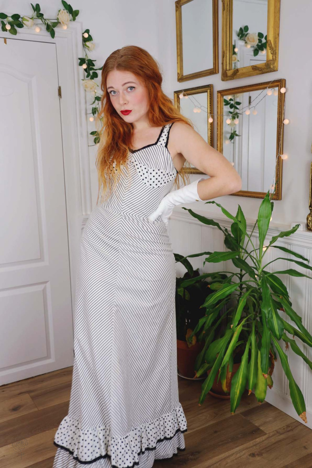 White Black Dot &amp; Striped 70's Maxi Dress | S