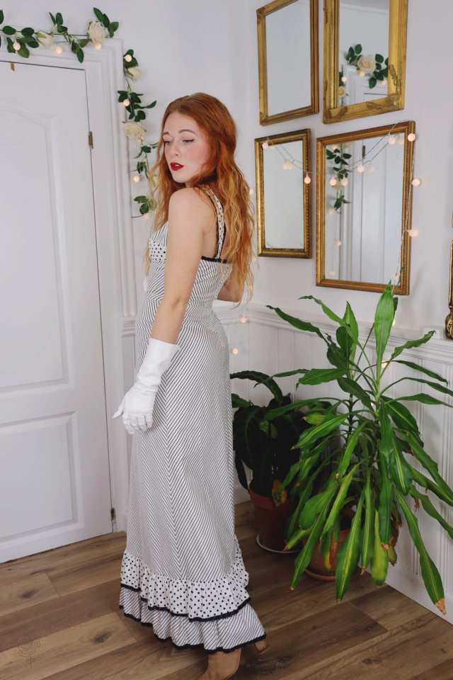 White Black Dot &amp; Striped 70's Maxi Dress | S