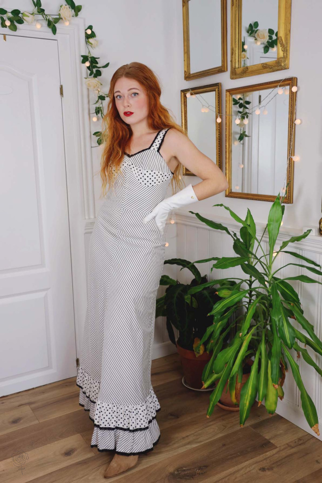 White Black Dot &amp; Striped 70's Maxi Dress | S