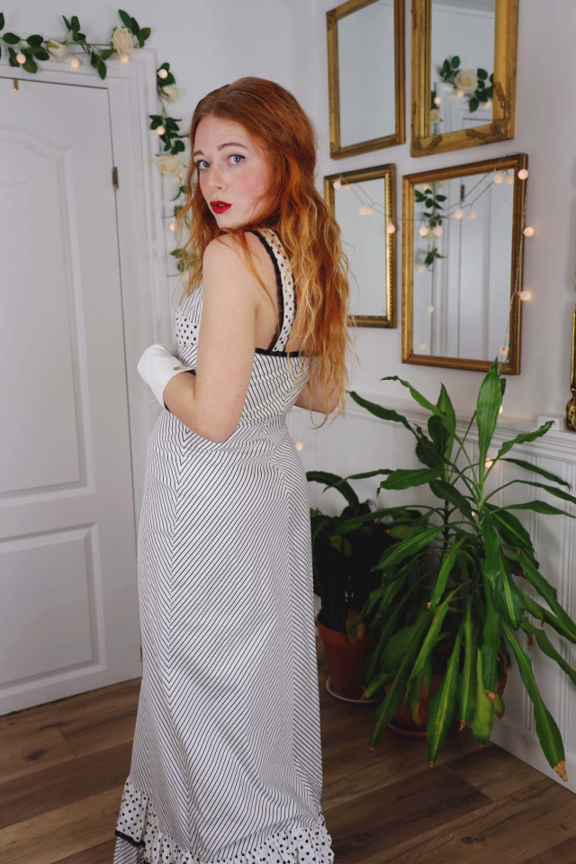 White Black Dot &amp; Striped 70's Maxi Dress | S