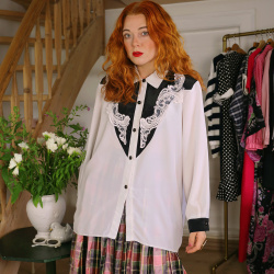 White &amp; Black Statement Chest Vintage Blouse | L