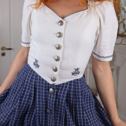 White Embroidered Blue Plaid Vintage Dress | S