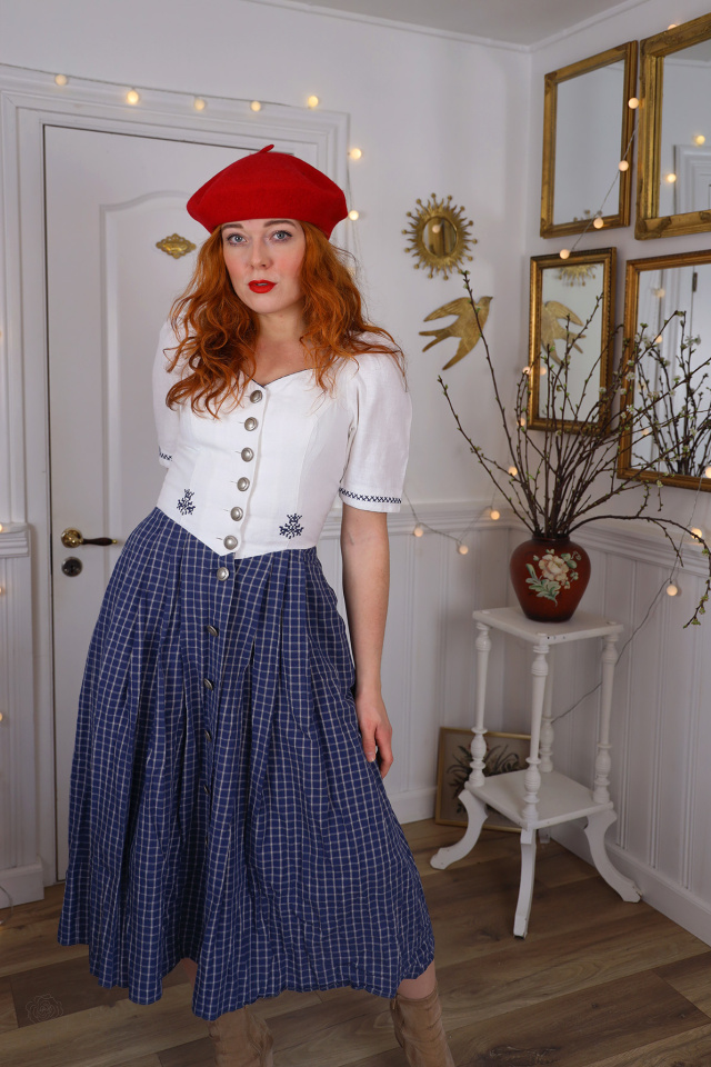 White Embroidered Blue Plaid Vintage Dress | S