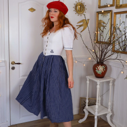 White Embroidered Blue Plaid Vintage Dress | S