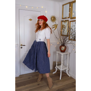 White Embroidered Blue Plaid Vintage Dress | S