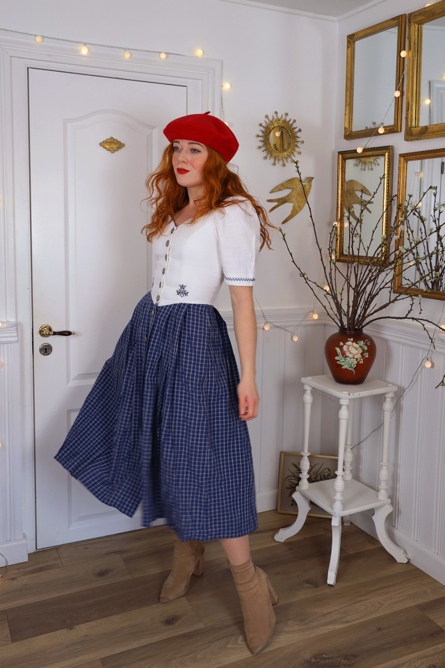 White Embroidered Blue Plaid Vintage Dress | S