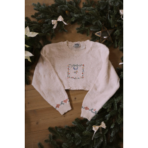 Cropped White Vintage Embroidered Sweater | S