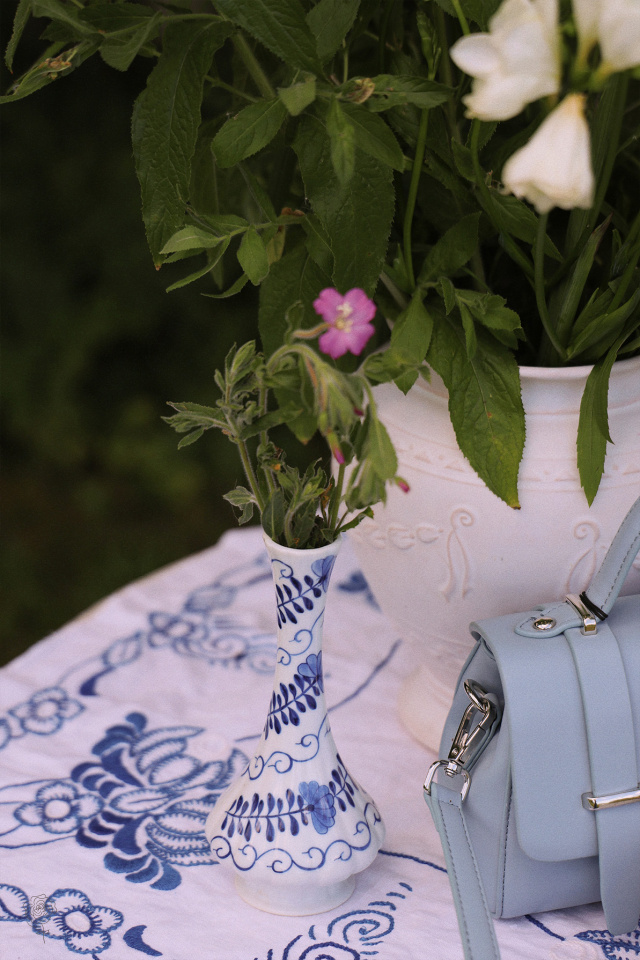 White Blue Floral Handpainted Vase 