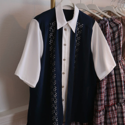 White Top Blue Vest Vintage Top | XL