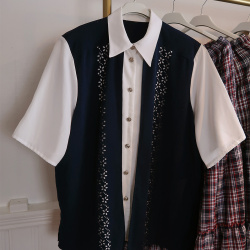 White Top Blue Vest Vintage Top | XL