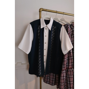 White Top Blue Vest Vintage Top | XL