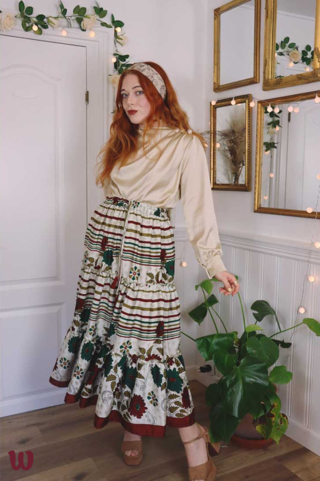Cream Green Flowers Recycled Esilda Skirt | XS/S