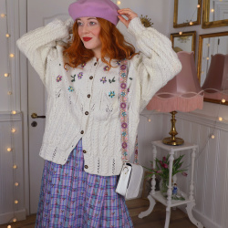 White Floral Embroidered Vintage Cardigan | XL