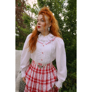White Frills Red Elements Vintage Blouse | S/M