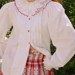 White Frills Red Elements Vintage Blouse | S/M
