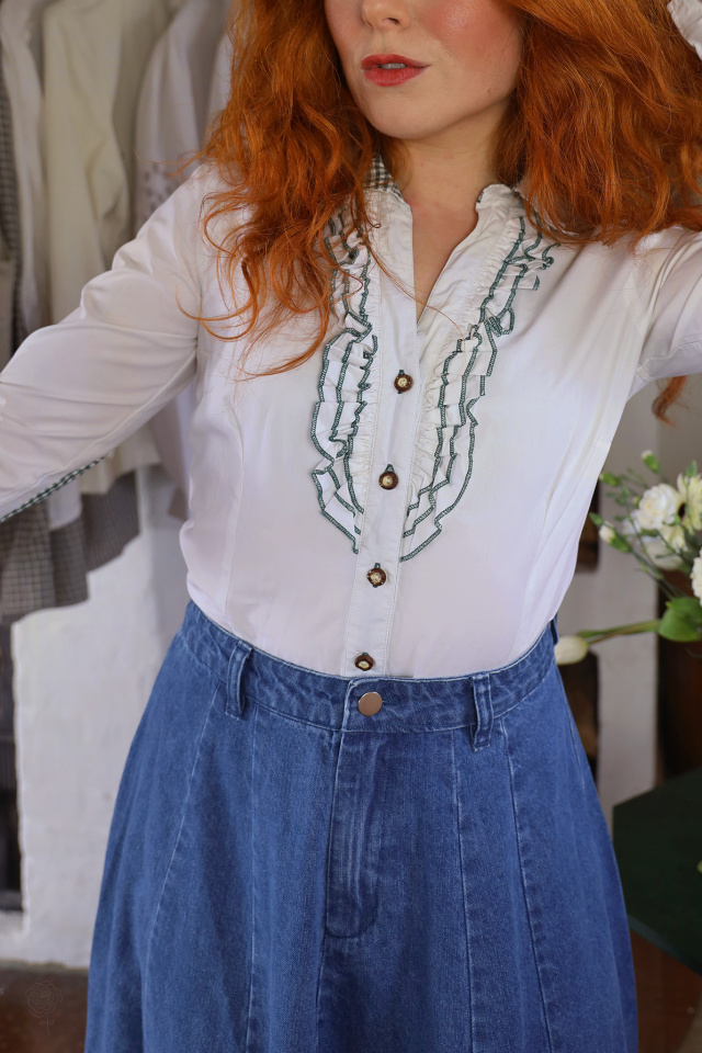 White Green Frill Vintage Blouse | S