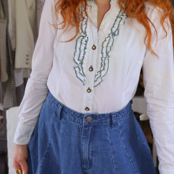 White Green Frill Vintage Blouse | S