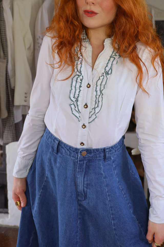 White Green Frill Vintage Blouse | S