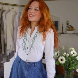 White Green Frill Vintage Blouse | S