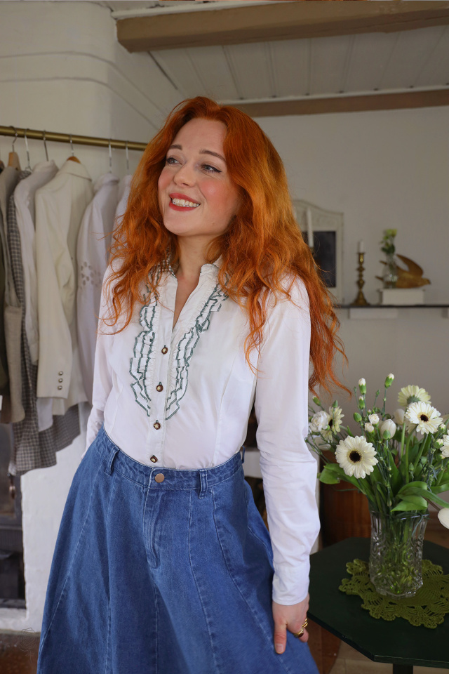 White Green Frill Vintage Blouse | S