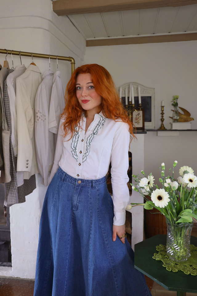 White Green Frill Vintage Blouse | S