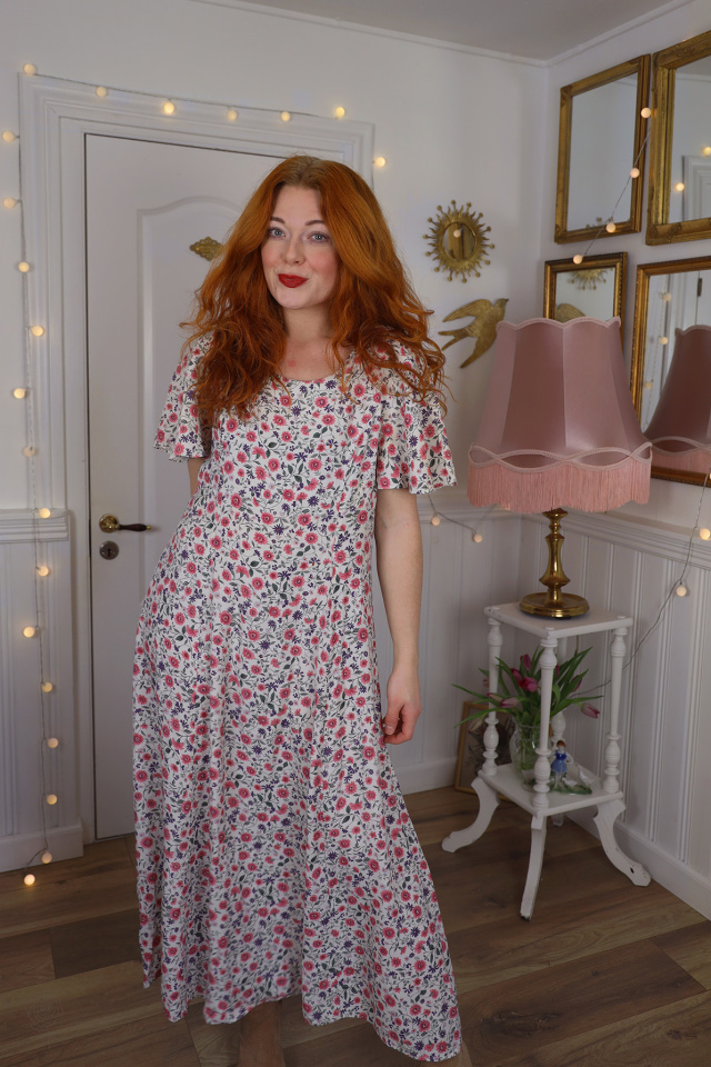 White Pink &amp; Purple Floral 90's Dress | M/L