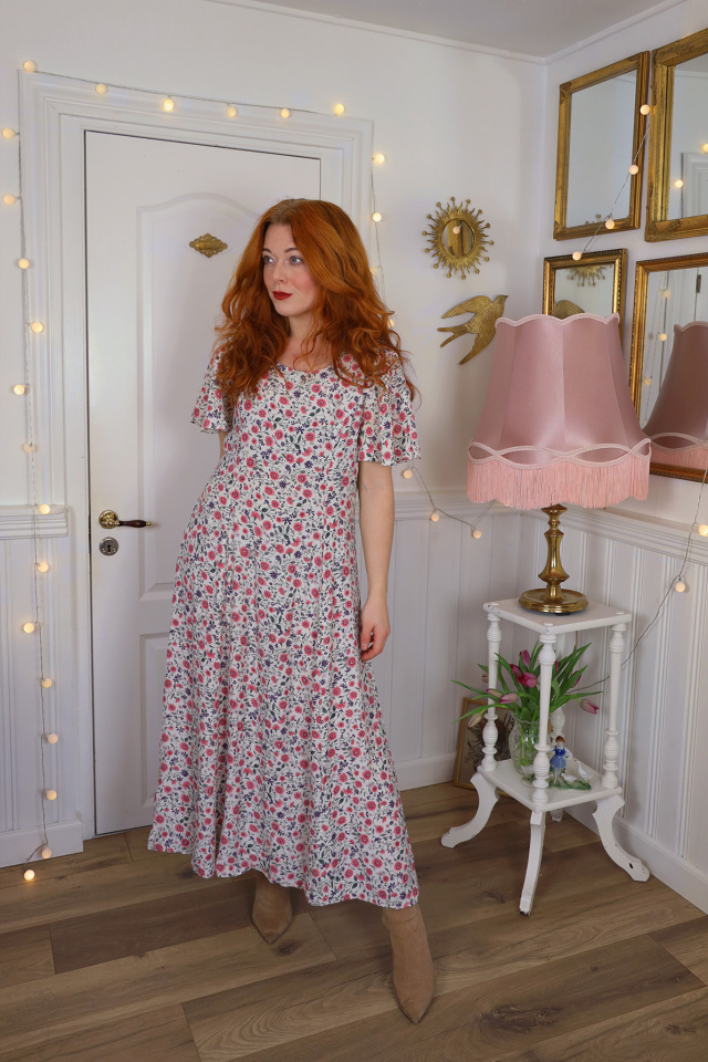 White Pink &amp; Purple Floral 90's Dress | M/L